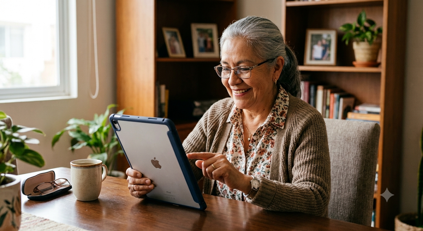 mujer mayor buscando informacion sobre consulta de nutricion geriatrica