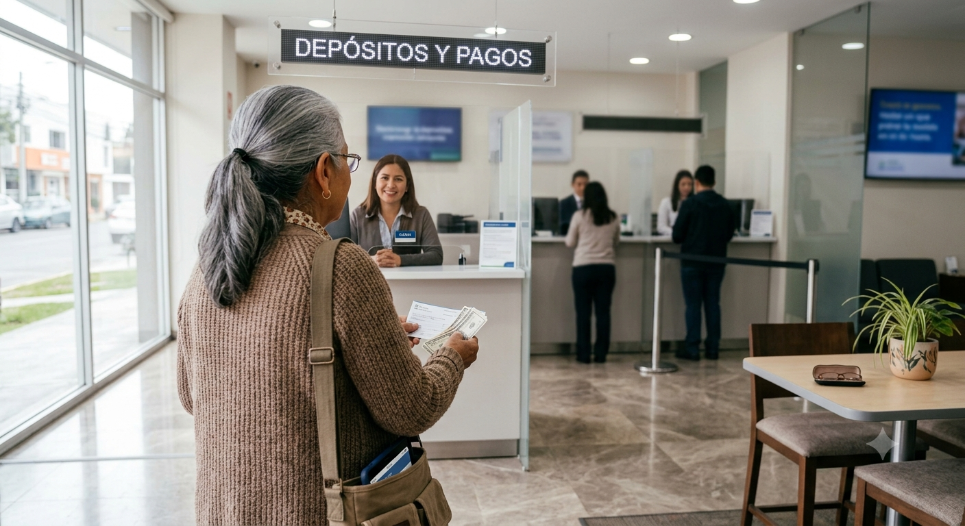 mujer adulta mayor lista para pagar su manual de nutricion en el banco